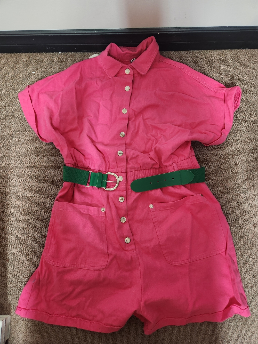 Miss Frizzle Costume Pink Button-Front Romper with Green Belt